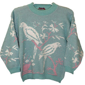 Vintage 80's Glamour Knit Sweater Womens Sz Large? Mint Green White Pink Parrots